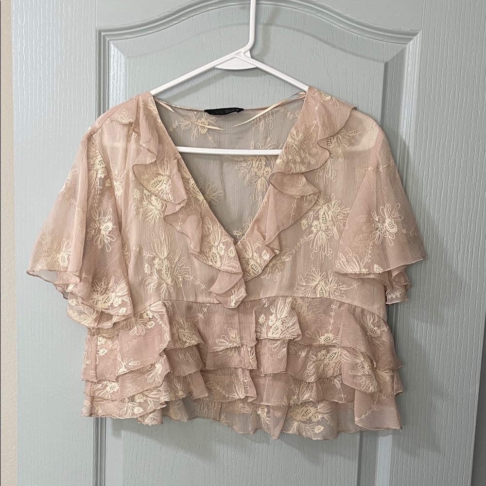 Zara Ruffled Floral Blouse - Cream and Pink